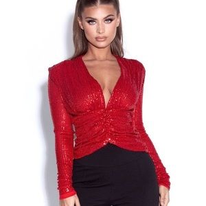 Red Sequin V-Neck Ruched Long-Sleeve Blouse